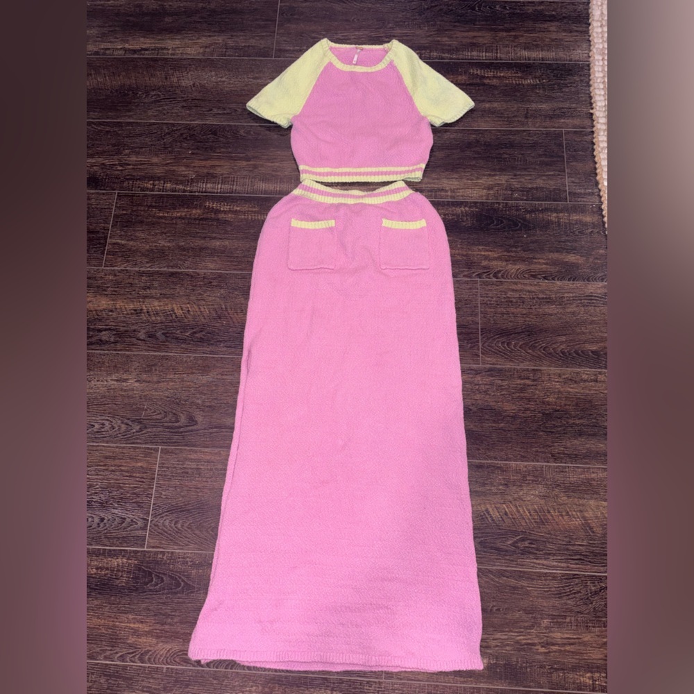 Free People Ty Cropped Sweater & High Waist Maxi Skirt Color Block Set READ